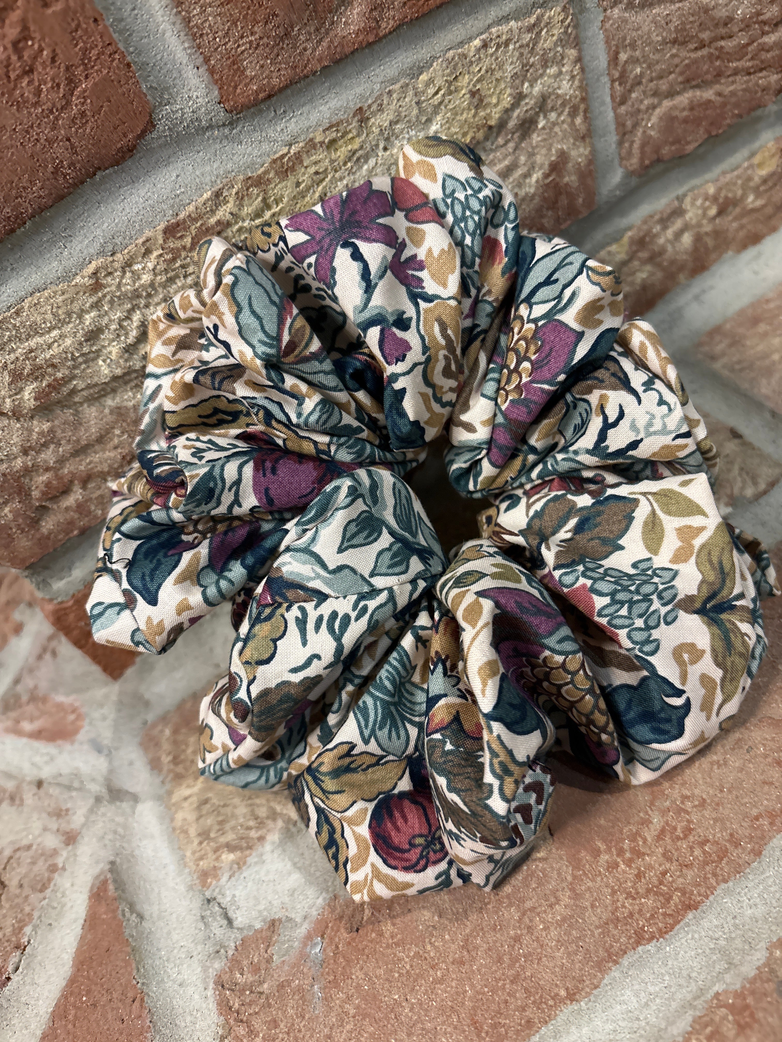 Jumbo Vintage Botanical Floral Scrunchie in Plum & Sage