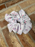 Jumbo White Floral Cotton Scrunchie with Pink Flowers