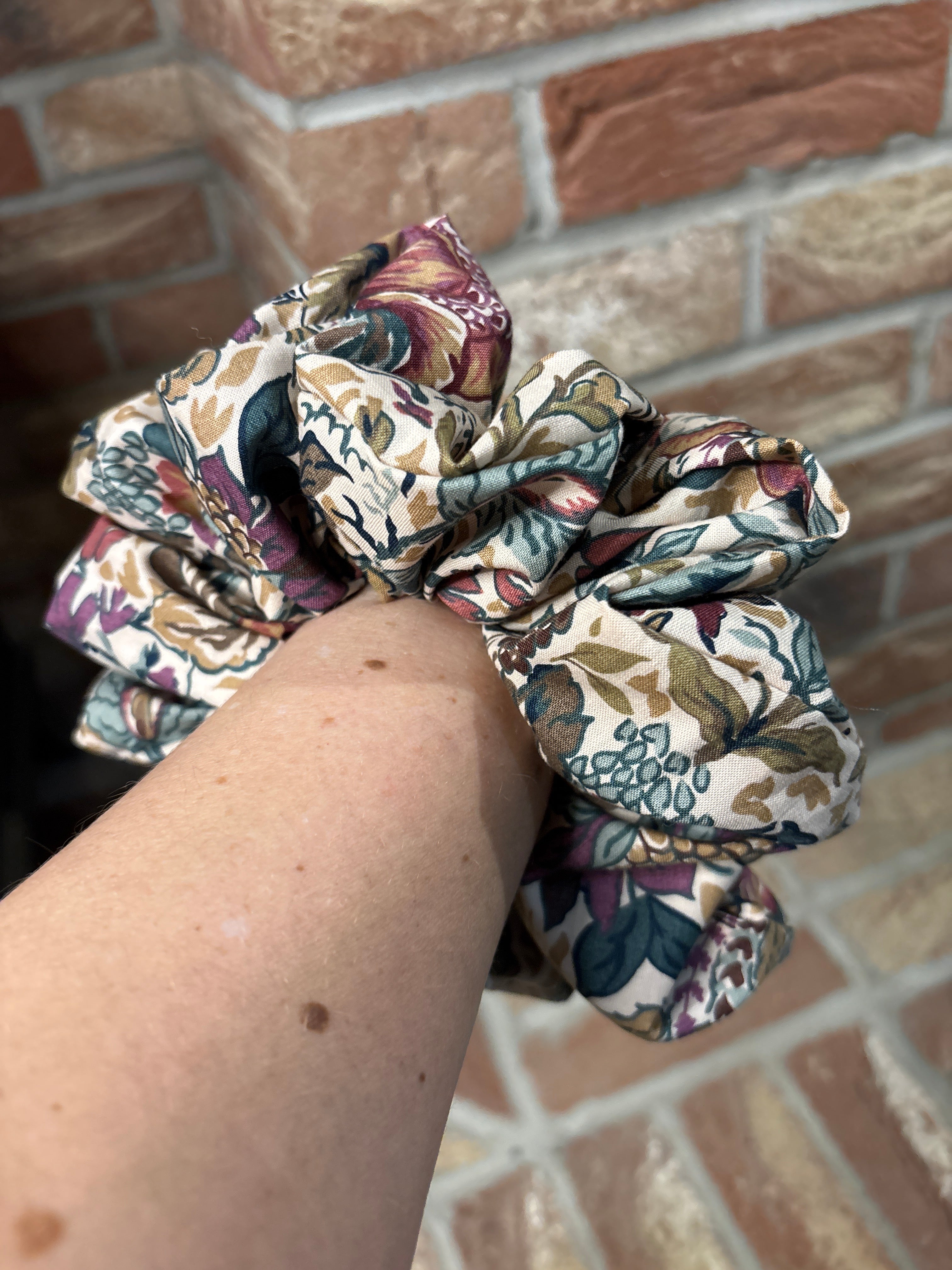 Jumbo Vintage Botanical Floral Scrunchie in Plum & Sage