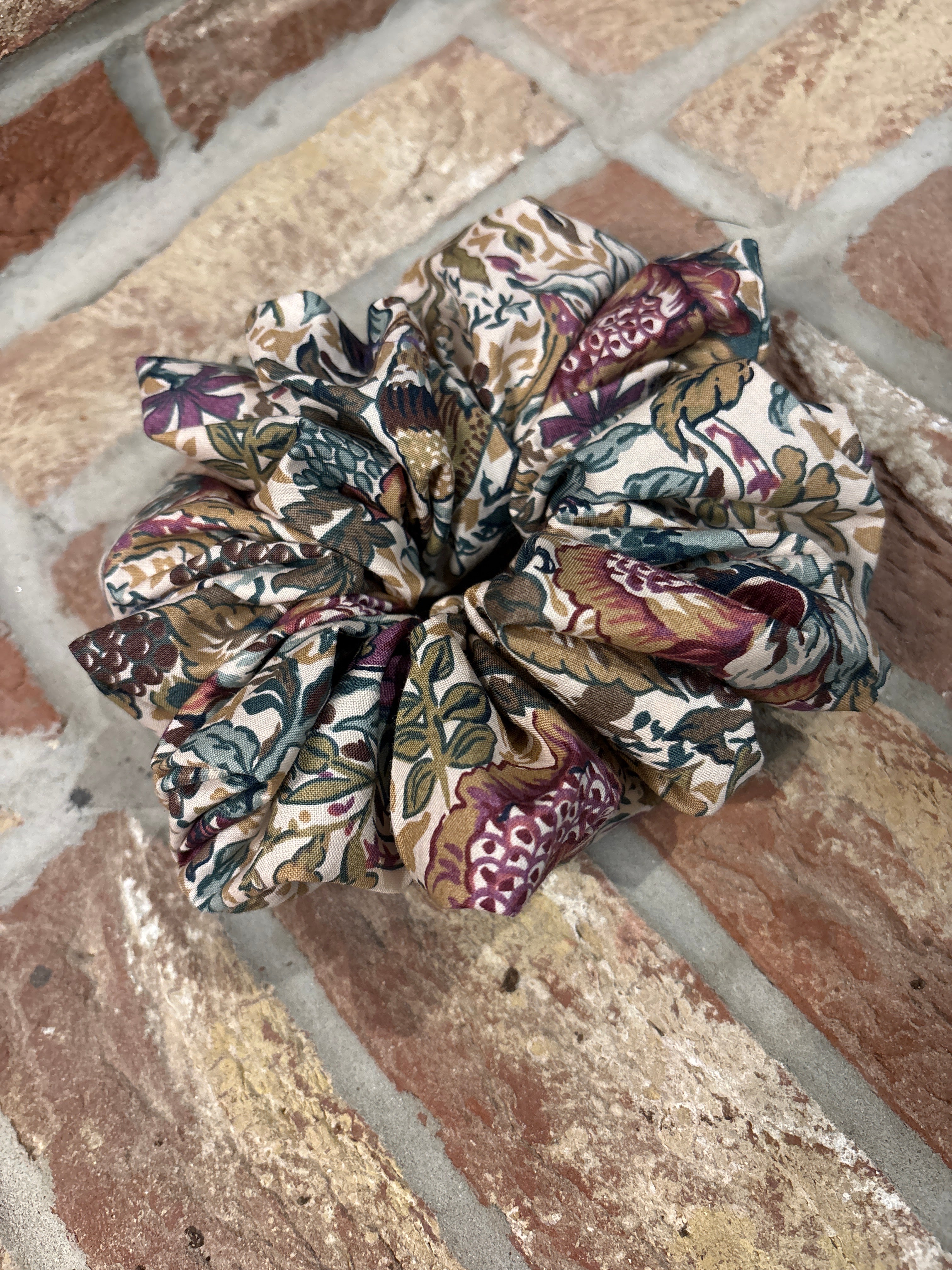 Jumbo Vintage Botanical Floral Scrunchie in Plum & Sage